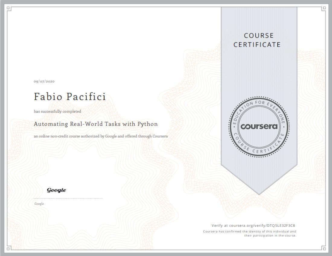 Certificate Google Automate Real World Tasks with Python